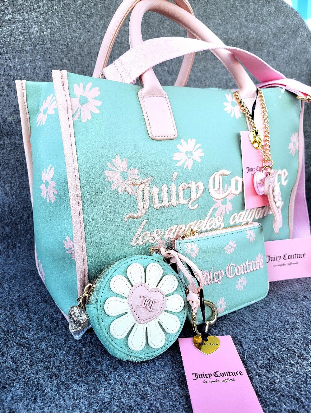 Juicy Couture Daisy For Juicy Tote Frosty Green Pink With Matching Card Wallet